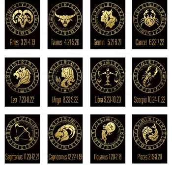 12 Žvaigždynai Zodiako ženklai Valdovas Planeta Plakatai Juoda ir auksinė drobė Tapyba Miegamojo sienų meno atspaudai namų dekoravimui
