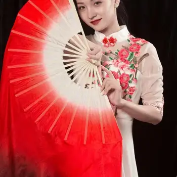 1Vnt Dvigubos spalvos Tikras šilkas Bambuko liaudies šokių gerbėjas Kinų rankų darbo pilvo šokių gerbėjai Liaudies meno gerbėjas Baltas raudonas gradientas