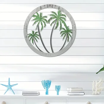 1vnt Metalinės palmės sienos plokštelė Kabantis palmių dekoras, dekoratyvinė palmė Namų menas Apvalus lauko metalo meno sienos lipdukas