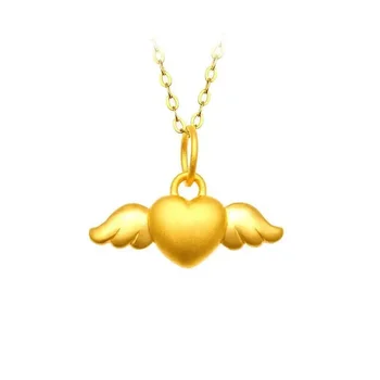 1vnt Tikras 24K geltono aukso pakabukas moterims 3D kieto aukso mylintis širdies sparnas Angelo auksinis pakabukas Mergaitė Dovana 17*10mm