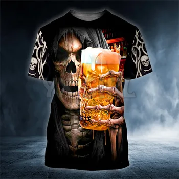 2022 Vasaros skeletas Geriamasis alus Kaukolė 3D visur Spausdinti marškinėliai Tee Tops marškinėliai Unisex Tshirt Helovino dovana