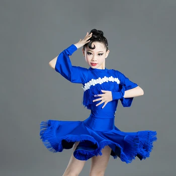 2023 Lotynų šokių suknelė mergaitėms Mėlyni kutai Lotynų šokių drabužiai Pobūvių salės vaikai Salsa Cha Cha Samba Performansas Šokių apranga SL2428