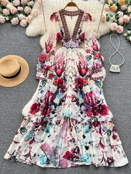 2024 Mados kilimo ir tūpimo takas Puošnios gėlių šifono kaskadinės raukinių suknelės Moterys Giliai V kaklas ilgomis rankovėmis Gėlių atspaudas Boho chalatas Vestido