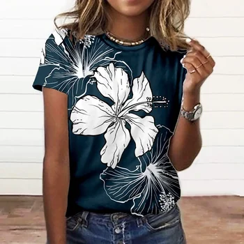 2024 Moteriški marškinėliai Mada 3D gėlių atspaudas Tee Tops Moteriški drabužiai Vasaros laisvalaikio apvalus kaklas Grafiniai marškinėliai trumpomis rankovėmis