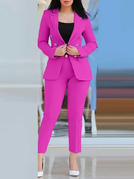 2024 Moterų biuro verslo kelnių rinkiniai 2PCS Solid Double Breasted Blazers Striukės ir kelnių komplektai Dviejų dalių moteriškų kelnių kostiumų komplektas