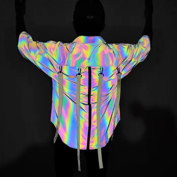 2024 Vyrų mada Spalvingi šviesą atspindintys marškiniai Jaunimo hiphopo vidutinio ilgio marškiniai trumpomis rankovėmis