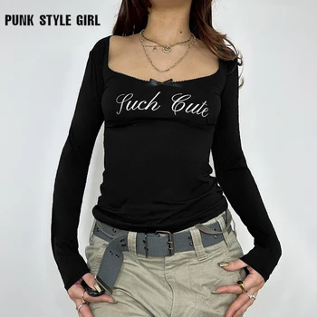 2024 Y2k Letter Print marškinėliai Grunge Bow ilgomis rankovėmis Top Y2k Moterų kvadratinė apykaklė Pagrindinis Harajuku Fashion Casual Tee Ropa De Mujer