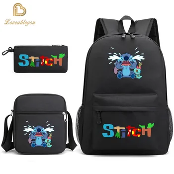 3 In 1 Disney Lilo Stitch Multi Pocket Backpack with Shoulder Bag Rucksack Casual School Bags for Women Student Teenagers Sets