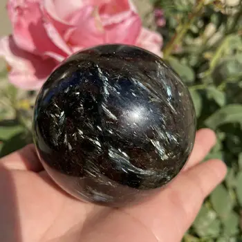 7-8cm Boule de guérison en cristal de quartz, pierre de feu d'artifice, astrophyllite naturelle