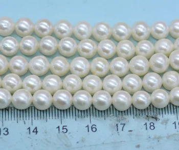 7-8MM AAA+AA 5PCS visa kryptis. Dramblio kaulo natūralūs gėlavandenių perlų birūs karoliukai. Netoli apvalaus perlo 15