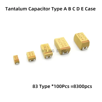 83*100vnt Tantalo kondensatorius Visų serijų tipas A B C D E dėklas 6.3V 10V 16V 25V 35V 50V 0.1UF 2.2UF 4.7UF 10UF 106T 227A 336C 475V
