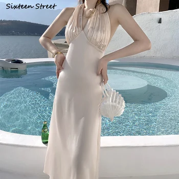 Abrikosų acetato suknelė moterims Vasaros paplūdimys 2022 V kaklas Elegantiškos ilgos suknelės Moteriški drabužiai Vakarėlis be rankovių Vestidos