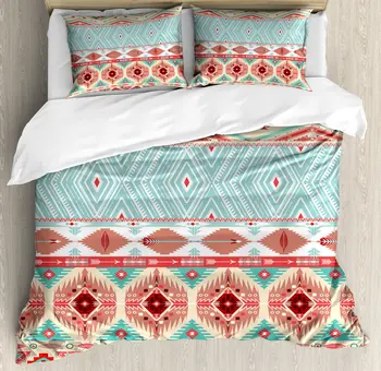 actekų antklodžių užvalkalo komplektas, spalvingas geometrinių formų dekoras 3 dalių patalynės komplektas su 2 pagalvių skliautais, King Queen dydis, miegamojo dekoras