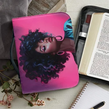 Afro Black Girl Designs Bible Bag Moteriškos odos užtrauktuku užtrauktos rankenos rankinės POD Individualūs nešiojami Biblijos krepšiai Žurnalas Apsaugokite
