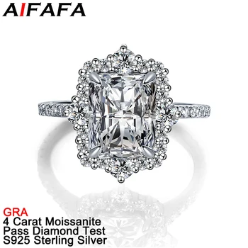 AIFAFA 4 karatų Visi tikri Moissanite žiedai Spinduliuojantis pjūvis 8*10 Brangakmenis S925 Gryno sidabro vestuvių juosta Papuošalai Pass Deimantų testas GRA
