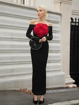 Ailigou 2024 Nauja vasara Moterys nuo peties ilgomis rankovėmis Raudona gėlė Ilga juoda tvarsčio suknelė Elegantiška įžymybių vakarėlio suknelė