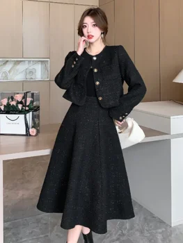 Aukštos kokybės prabangus mažų kvepalų tvido dviejų dalių rinkinys moterims Švarko paltas + ilgas sijonas Kostiumai Korėjos mados OL 2 dalių rinkiniai
