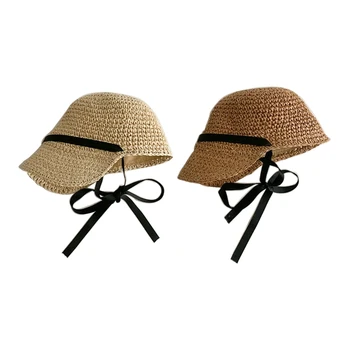 Baby Girl Straw Hat with Chin Strap Outdoor Baby Sun Protection Hats Summer Beach- Caped for Infant Baby Girl Gift 1560