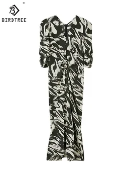Birdtree 92%Tikra šilko elegantiška mados vakarėlio suknelė Aukštos klasės moterys V kaklo biuro ponios suknelės Originalus dizainas 2024 m. pavasario D41218QM
