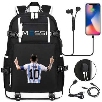 Black Messi kuprinė Neperšlampami mokykliniai krepšiai Nešiojamas kompiuteris Kuprinė Kelioninis USB kuprinės talpa Knygų krepšys berniukams Mergaitės Atsitiktinis Mochilas