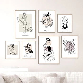 Boho Šiuolaikinė juoda balta abstrakti moteris Banglentės Koralų vandenynas Gyvenimo plakatai Drobė Tapyba Atspaudai Paveikslėliai Sienų menas Svetainės dekoras