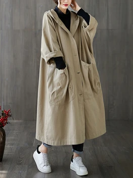 Coats Woman Winter 2023 Tranšėjos paltas moterims Laisvas ilgas didelis kišeninis treninginis paltas Moteriškas gobtuvas Priemiestinė laisvalaikio striukė
