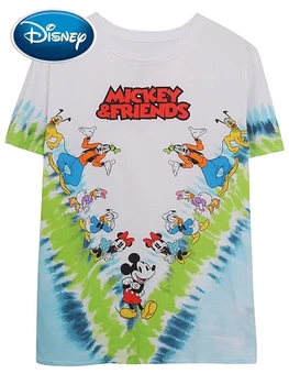 Disney Fashion Mickey Minnie Mouse Donald Daisy Duck Goofy Pluto Cartoon Print Tie-dye T-Shirt Women O-Neck Short Sleeve Tee Top
