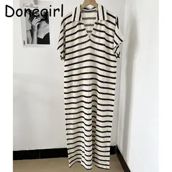 Donegirl 2023 Naujos dryžuotos margintos megztos megztos megztinės Polo suknelės Moterys Casual Simple Long Straight Dress Moteriška prašmatni mada