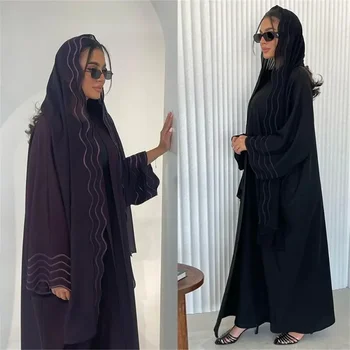 Dubajus Abaja Moterys musulmonės siuvinėjimas Atviras Kardiganas Ilgos Maxi suknelės Hijabas Turkija Kimono Islamas Arabų chalatas Kaftan Eid Party Jilbab