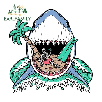EARLFAMILY 13cm x 13cm for Shark Skull Surf Car Stickers Windows Laptop Car Accessories Decal Waterproof Motocycle Campervan