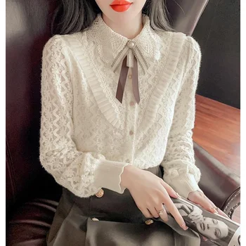Elegantiškas atlapas Tuščiaviduriai nėriniai raukiniai Marškiniai su lanku Moteriški drabužiai Ruduo Žieminiai laisvi korėjietiški Top Office Lady Palaidinės LJ540