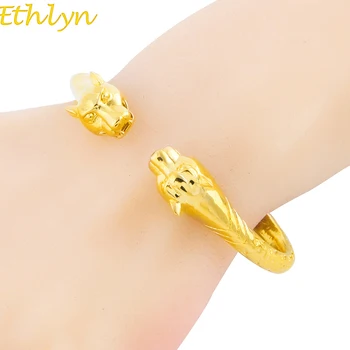 Ethlyn Gold Color Jackal-Head / Guin Unisex Bracelet Open Embossing Gold Bracelets & Bangles Fashion Punk Bangles B058