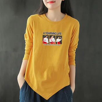 Fashion Loose Irregular Long Sleeve Printed T-Shirt Female Clothing 2023 Autumn New Oversized Korean Tops All-match Tee Shirt
