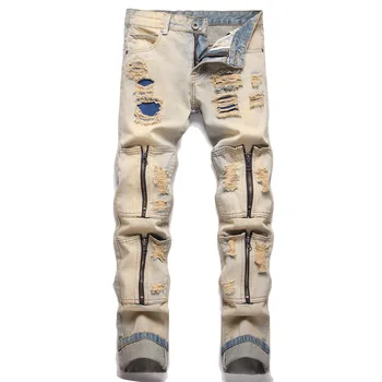 Fashion punk stiliaus vyriški džinsai plėšyti lazdos audiniai mažas tiesus kelių burnų krepšys per juosmenį vyrų potvynio gatvės asmenybės džinsai