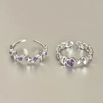 Fashion Shiny Purple Rhinestone Atidaromi poros žiedai Moterys Vyrai Vintage Crystal Star Reguliuojamų žiedų mylėtojas Y2K papuošalai