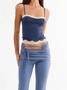 Fashion Women Y2K Spagečių dirželis Camisoles Crop Tops Vintage Sexy Lace Patchwork Summer Tank Cute Mini Vest Streetwear 2023