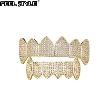 Full Heavy Iced Out Stones CZ Teeth Grillz Caps Cubic Zircon Micro Pave Top & Bottom Charm Grills For Men Women Jewelry