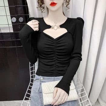 Girl T Shirt Black Long Sleeveed Hollowed OL Female Cloth Tank Top Ribber Knit Tank Knitted Tops Korean Crop Jazz Clothes Palaidinė