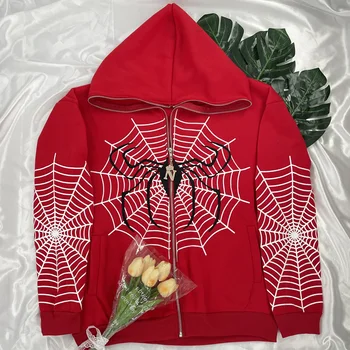 Gothic Spider Men Raudoni gobtuvai Grunge ilgomis rankovėmis 26 raidžių kalnų krištolas Vyriškas džemperis su užtrauktuku Oversized Y2K striukė 2024 ruduo
