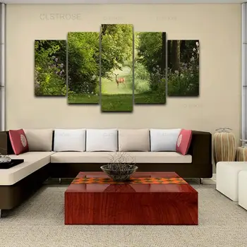 Gražus gamtos peizažas Vešli lapija Žalia žolė Sika Elnias HD Fotografija Sienų tapyba Berėmė drobė Spausdinimas Namų plakatas