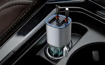 Greitas automobilinis įkroviklis Automobilinis telefono įkroviklis su dviem ištraukiamais kabeliais 100W automobilinis difuzorius LED įtampos ekranas 5 in 1 automobilinis įkroviklio adapteris