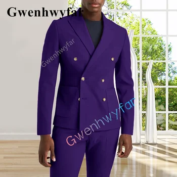Gwenhwyfar Summer New Wedding Groom Double Breasted Suit Casual Style Dark Purple Tuxedo Fashion 2 dalių rinkinys