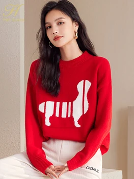 H Han Queen Autumn Jacquard Pullovers Womens Fashion Colorblocking O-Neck Elastic Sweater Vintage Knitted Bottoming Sweater Tops