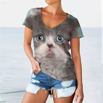 Harajuku Moteriški marškinėliai Animal Lovely Kitty 3D Print Pullover Summer Style V-Neck Fashion Patogios laisvalaikio trumpos rankovės