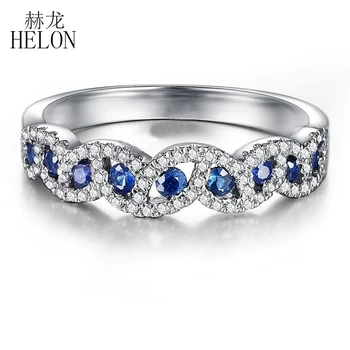 HELON Solid 10K White Gold Certified Round 0.7CT Genuine Natural Sapphires Real Natural Diamond Jewelry Vestuvinis žiedas