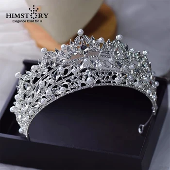 HIMSTORY Vintage Pearls Rhinestone Tiaras And Crowns Queen Princess Diadems Wedding Hair Accessories Women Jewelry