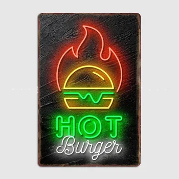 Hot Burger Neon LED ženklas Metalinė plokštelė Plakatas Custom Garage Club Wall Wall Pub Plaque Alavo ženklo plakatas Namų kambario dekoras vintažinis
