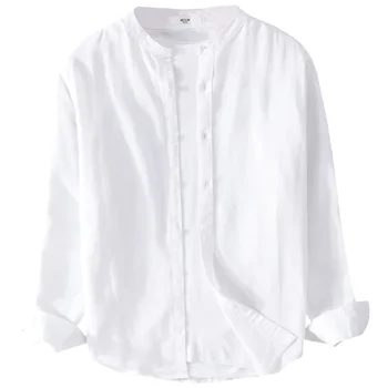 Japoniški marškiniai ilgomis rankovėmis apvaliomis kaklo pusėmis vyrams, laisvalaikio kvėpuojantys ir minkšti vyrai, laisva stovinčia apykakle, balti marškiniai
