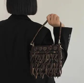 JIAERDI Bohemia Vintage Shoulder Bag Women Retro Handle Hollow Out Knitted Shoulder Bag Female Casual Brown Messenger Bag Rankinė
