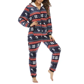 Kalėdinis kombinezonas ilgomis rankovėmis Moteriškas užtrauktukas Pledas ir dryžuotieji pižamos Vilnonė pižama Šiltas Sutirštintas miego drabužis Rudens kombinezonas